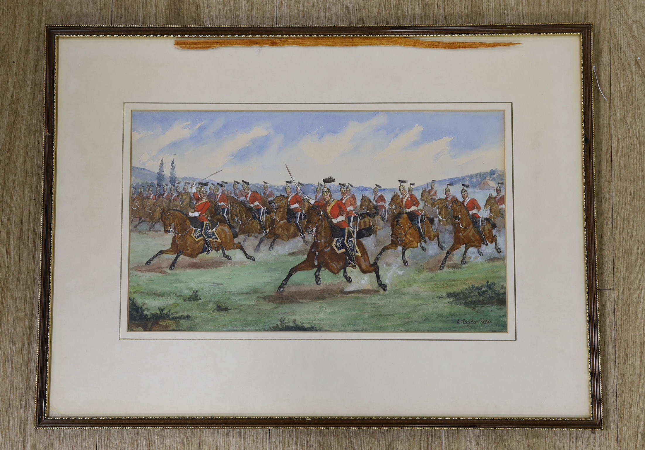 Richard Simkin (1840-1926), watercolour, Cavalry charge, signed and dated 1874, 24 x 40cm